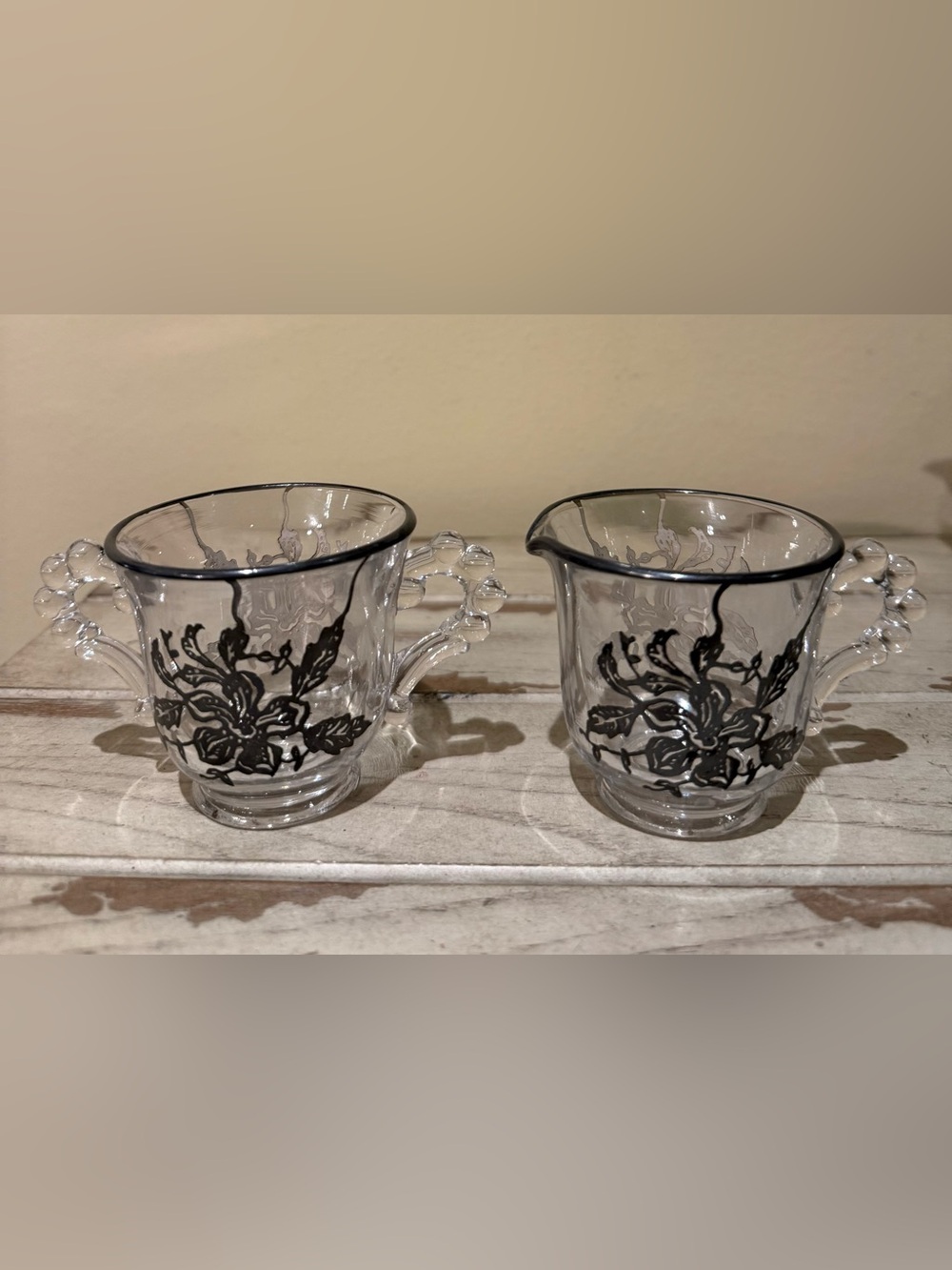 Silver City Glass Creamer & Sugar Set Sterling Silver Trim Black Floral Design